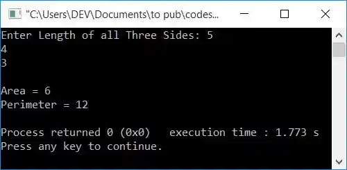 c++ area perimeter triangle using function
