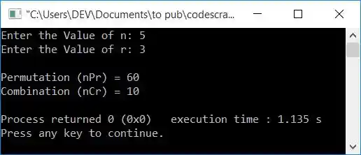 C++ program find ncr npr