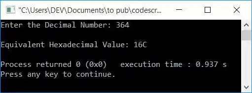 decimal to hexadecimal using function c++