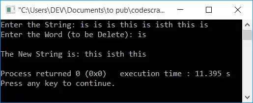 delete word from string using two array c++