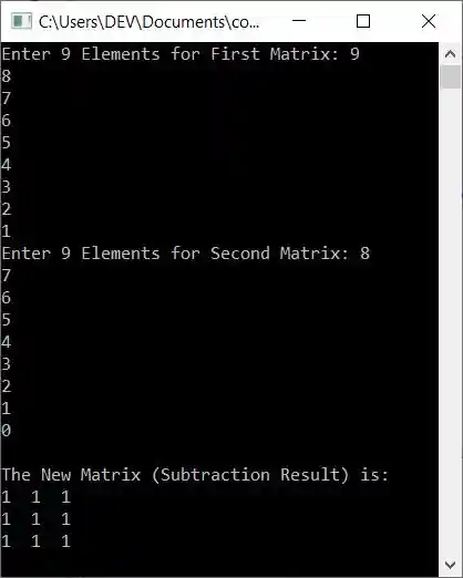 subtract two matrices c++