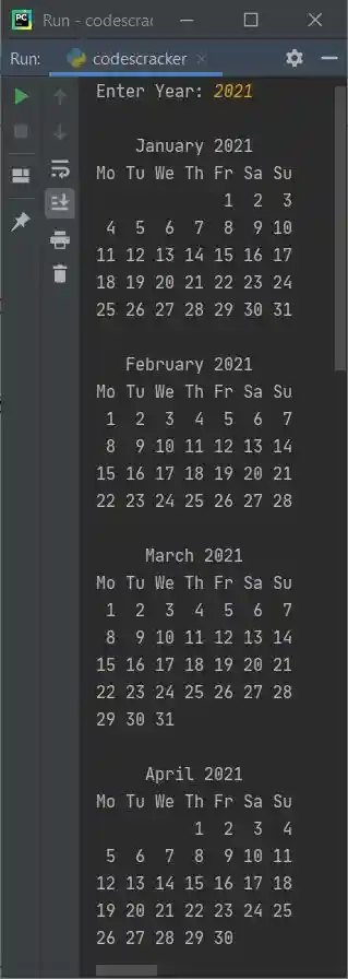 python display whole year calendar