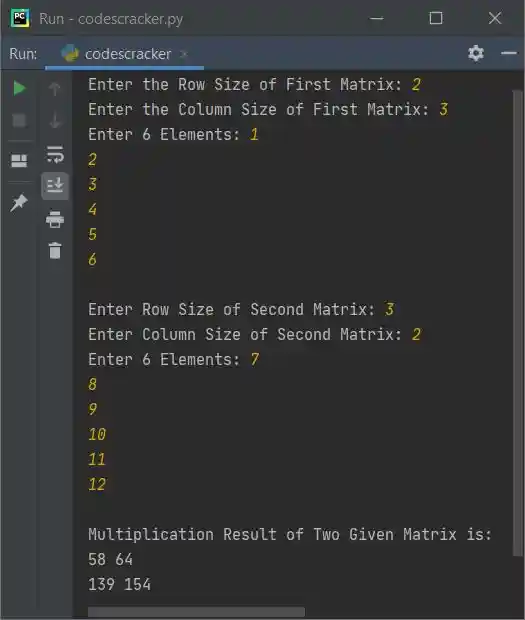 python program matrix multiplication entered by user