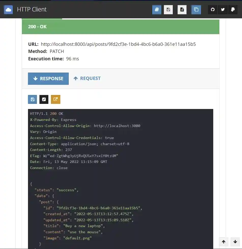 Response after updating the post