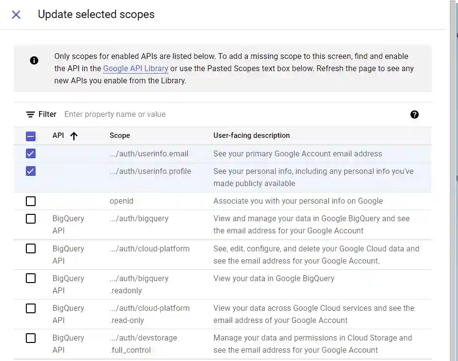 google oauth consent screen select scopes