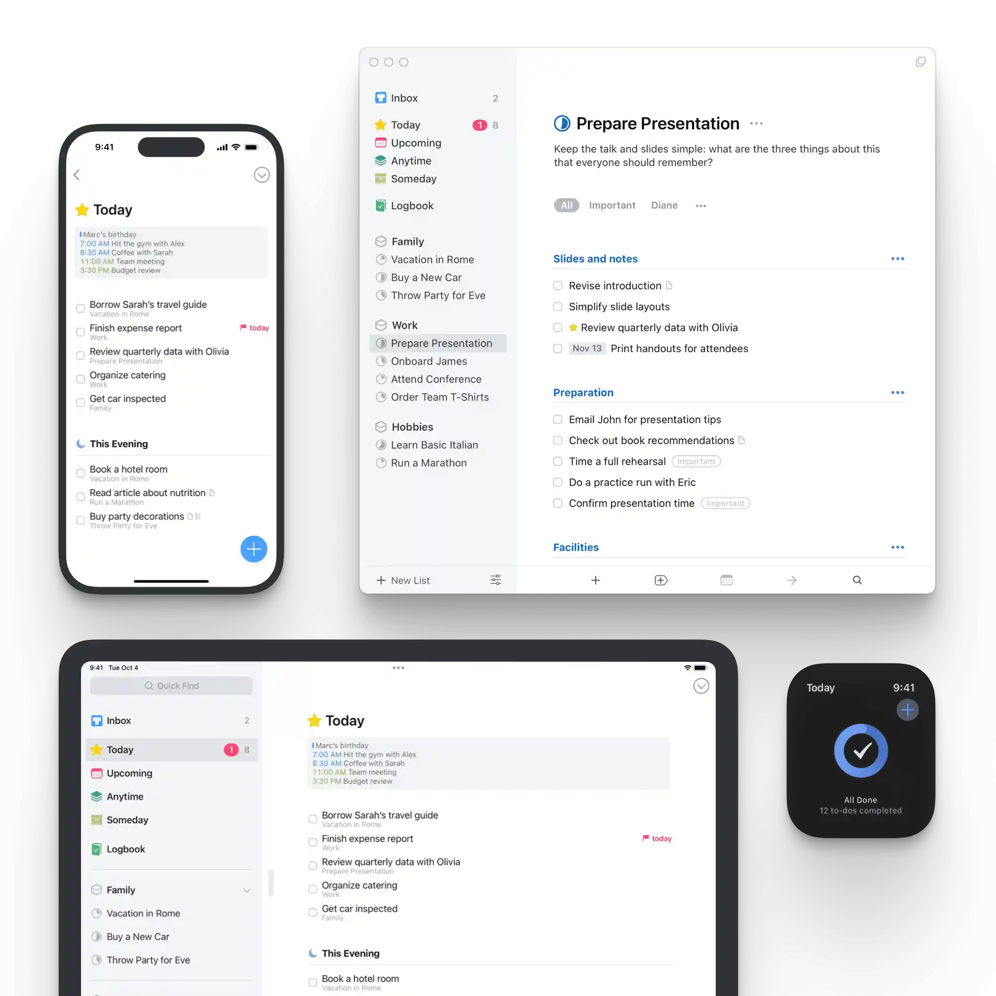 Screenshots of Things running on Mac, iPhone, iPad, and Apple Watch