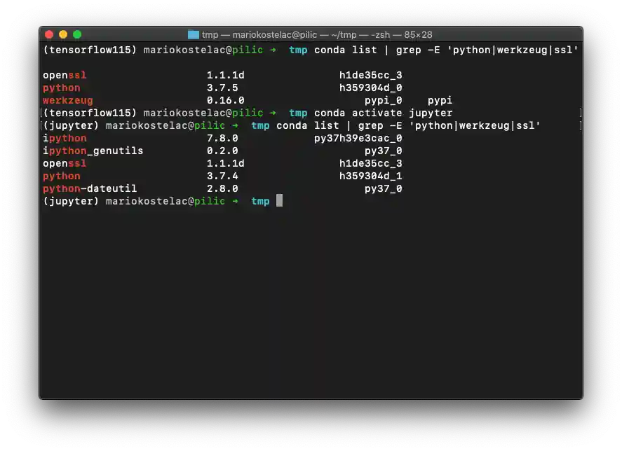 Conda environments encapsulate python, non-python binary (openssl), and python (werkzeug) packages. You can see that activating different environments can swap all of these.