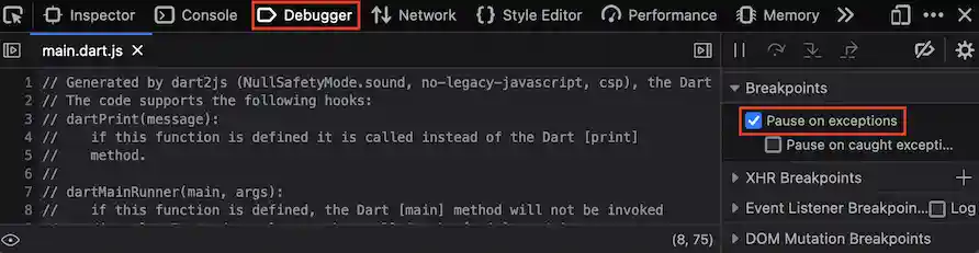 Enable Pause on exceptions in Firefox debugger
