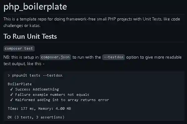 Screenshot of the PHP Template with Unit Tests for Code Kata