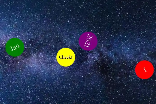 Screenshot of the Space Flight Booking Site - An outer space background with many small stars, with 3 orbiting planets indicating the day, month and year that you can book your space flight, and a central Check button representing the sun