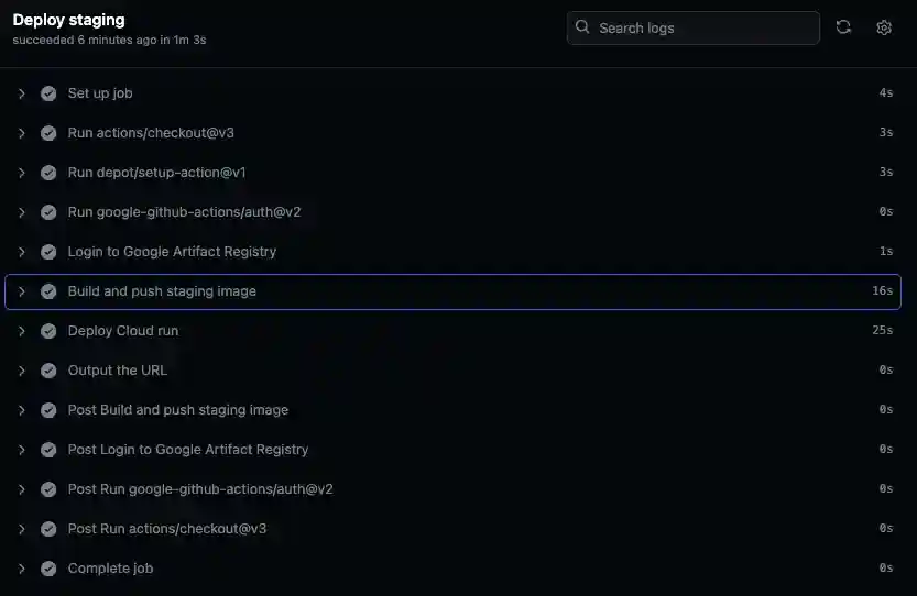 Screenshot showing a GitHub Actions workflow where the build and push step takes 16 seconds