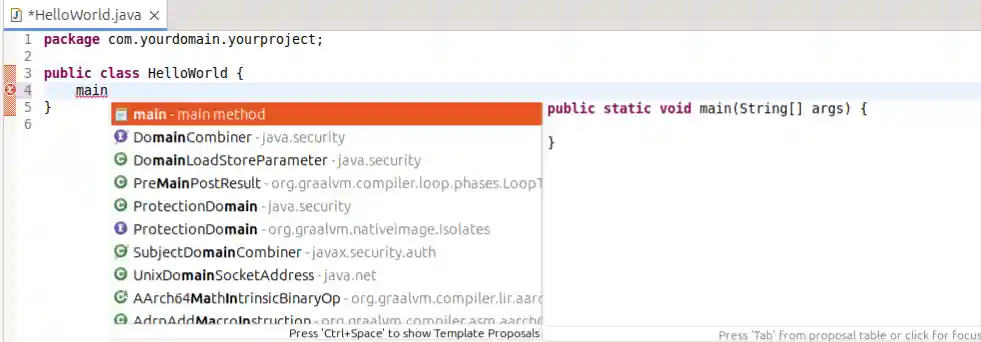 Content assist suggesting a main method