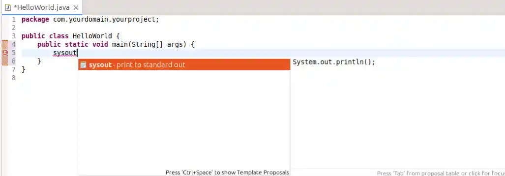 Content assist suggesting a System.out statement
