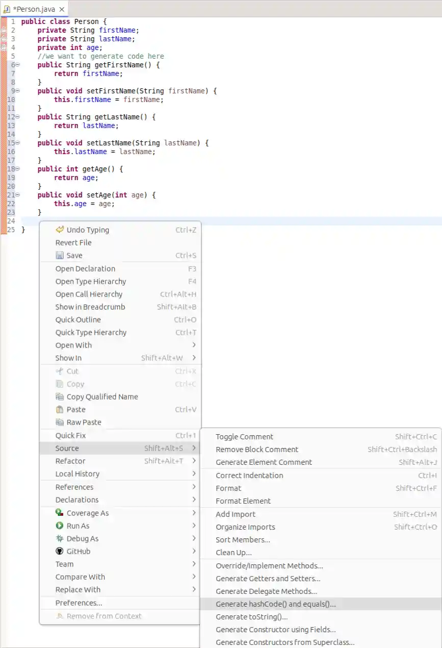 Generate hashCode and equals