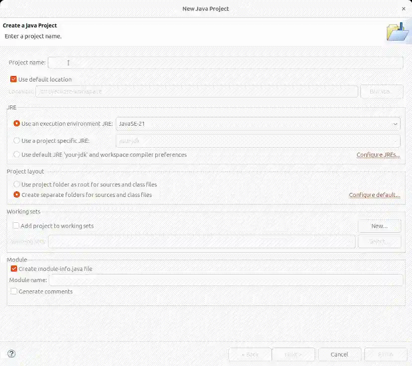 Java project creation dialog