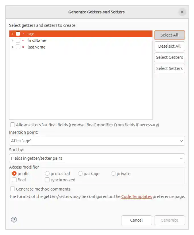 Generate Getters and Setters