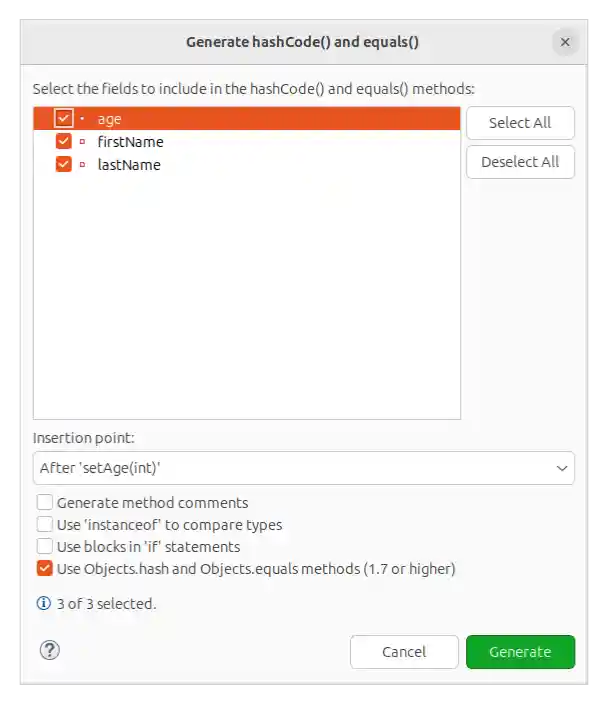 Selecting fields to use in hashCode and equals