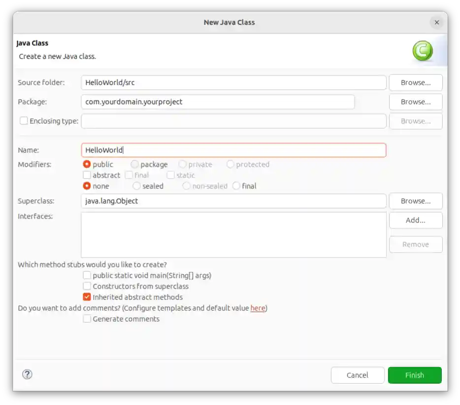 Java class creation dialog