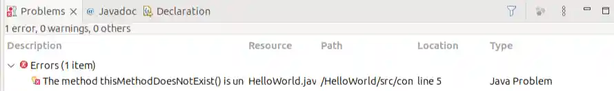 Problems view showing an error