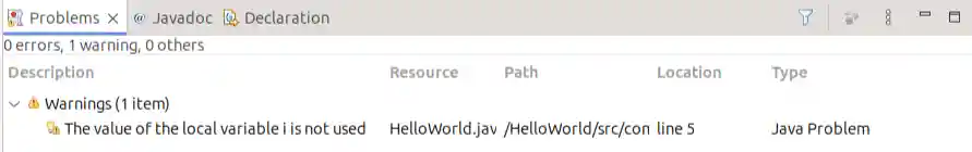 Problems view showing a warning