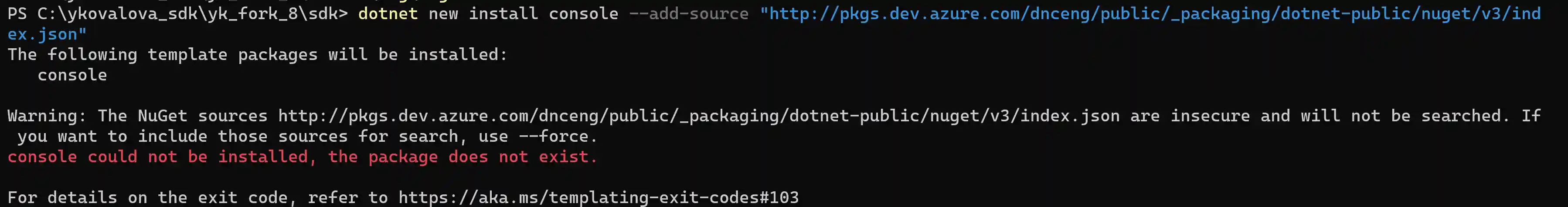 Screenshot of terminal output showing an error message when http source is used.