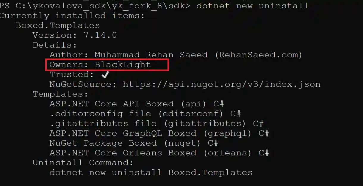Screenshot of terminal showing template owner information