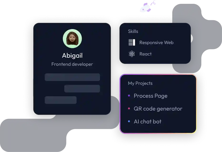 Showcase your development skills with personalized profiles. Highlight your expertise in Responsive Web Design and React, and share your completed projects like Process Page, QR Code Generator, and AI Chat Bot. Join a community where your work speaks for itself.