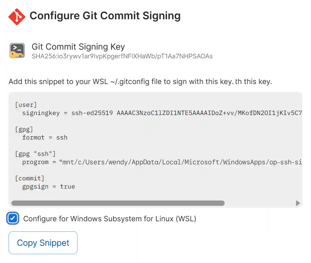 The Configure Git Commit Signing window showing the checkbox to configure for WSL and the configuration snippet.