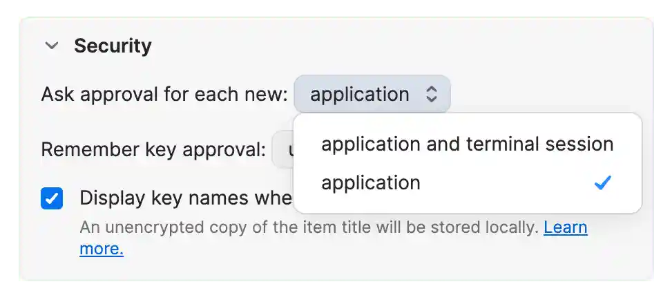 SSH agent security settings showing the menu with the two options for when 1Password will ask you to approve SSH requests.