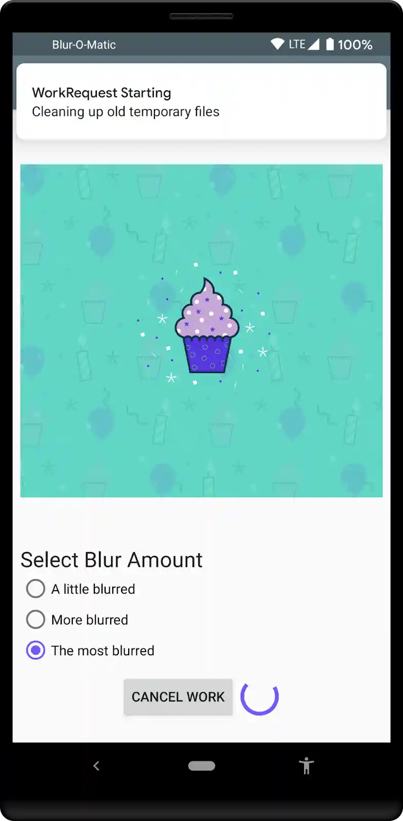 WorkManager request in progress with notification showing on top and loading spinner on bottom.