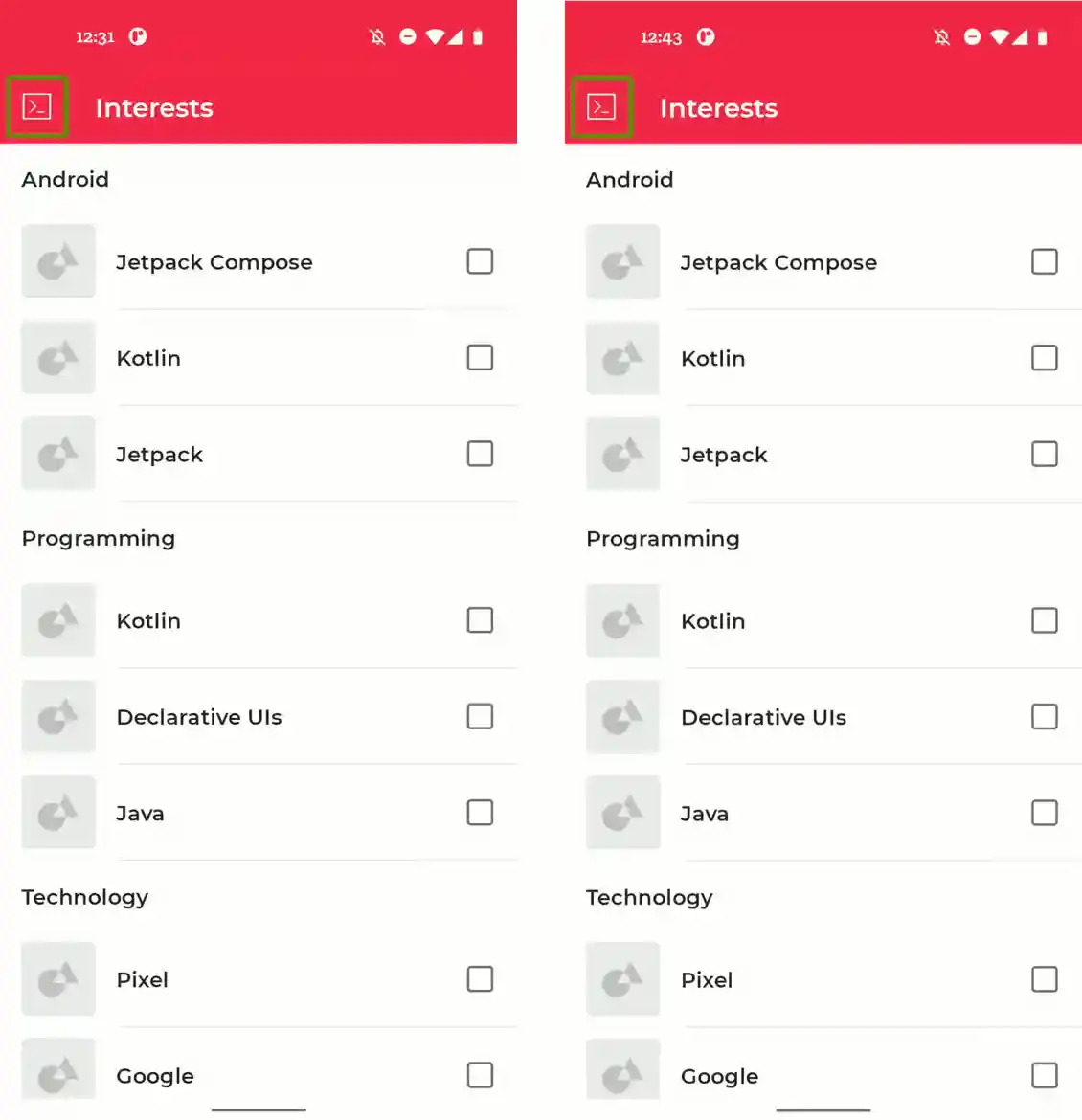 Two screen recordings with TalkBack enabled, tapping a topic in the interests screen. Left screen announces 'Not ticked', while right screen announces 'Not subscribed'.