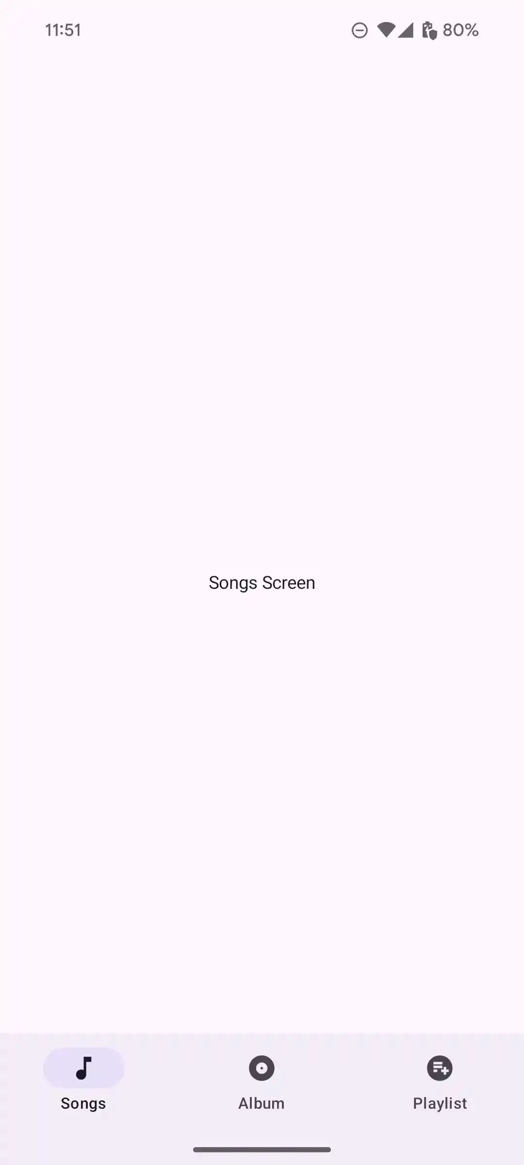 An app screen with 3 destinations listed horizontally in a bottom navigation bar: Songs, Album, and Playlist. Each destination has a relevant icon paired with it (e.g., a music note for "Songs").