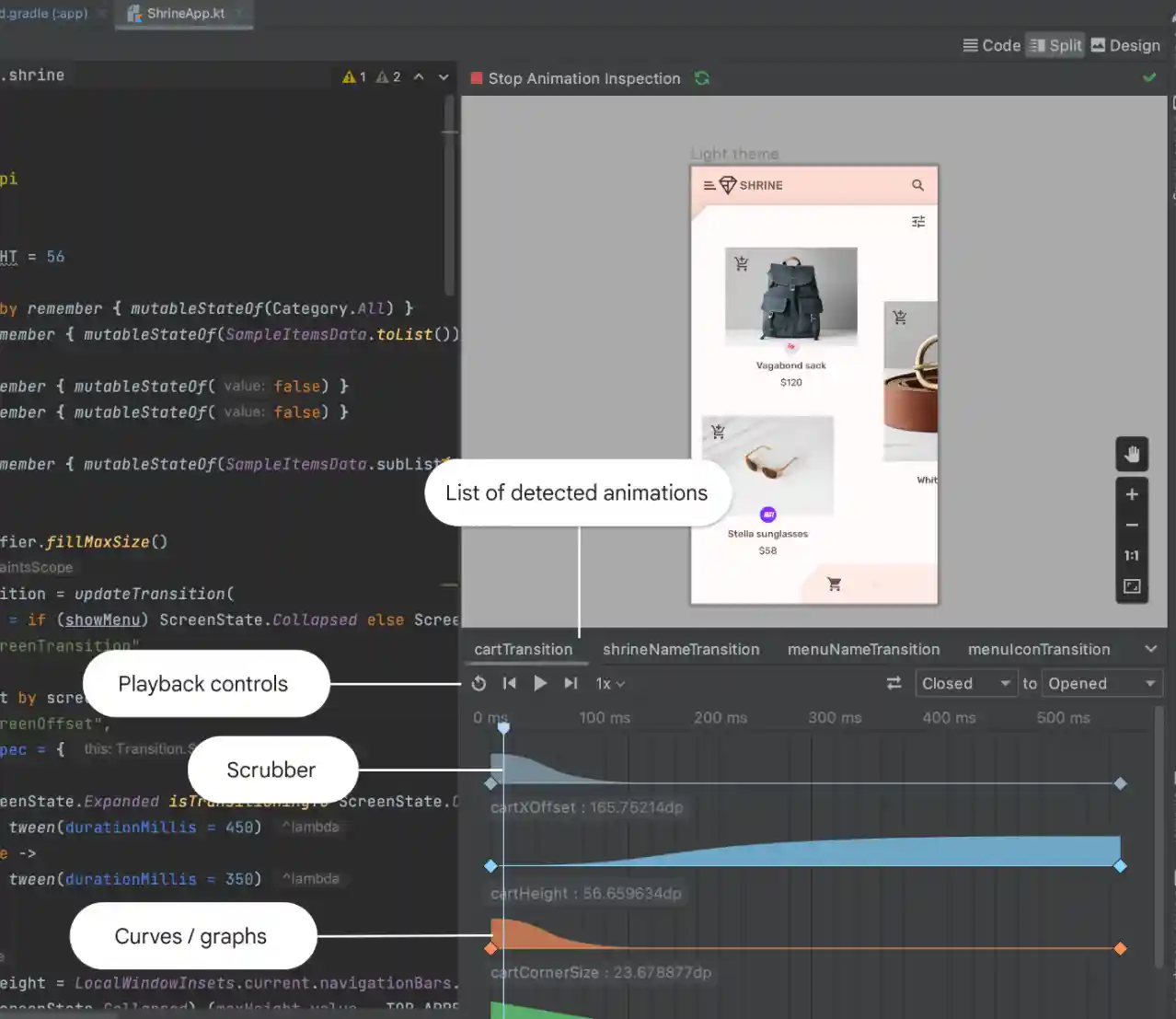 The Animation Preview panel in Android Studio, showing a timeline of animations and their properties.