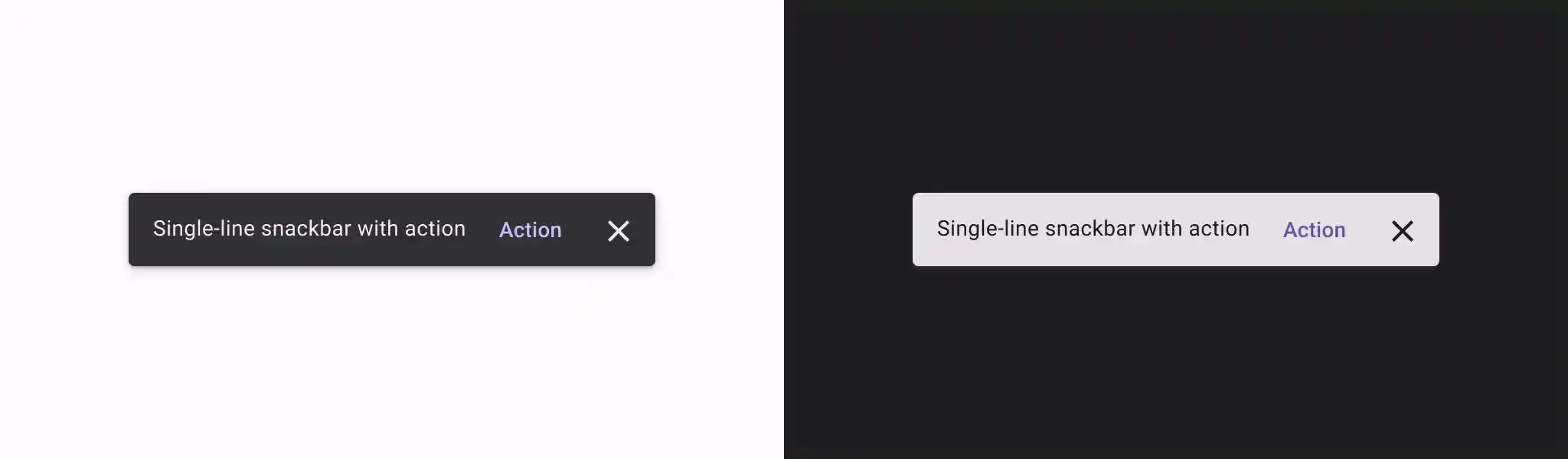 Examples of snackbar UI components.
