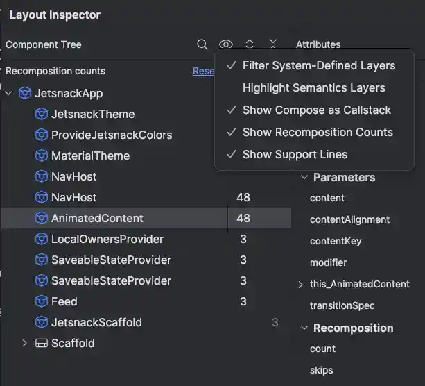 Enable the composition and skip counter in Layout
Inspector