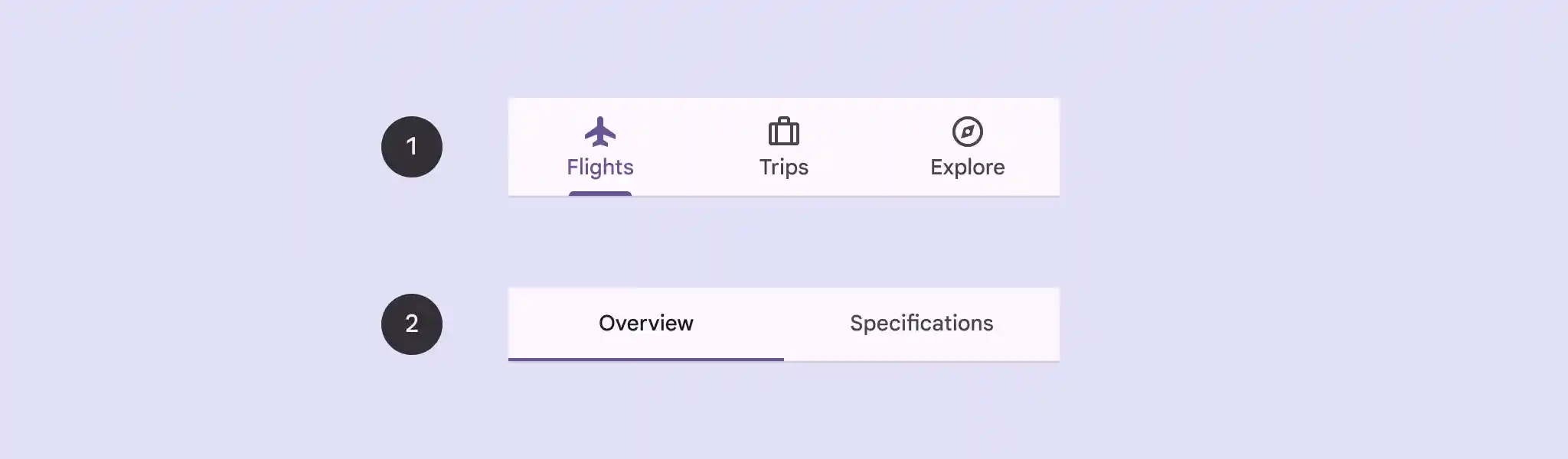 3 primary tabs are shown with associated icons (Flights, Trips, and Explore). 2 secondary tabs are shown (Overview, Specifications) without associated icons.