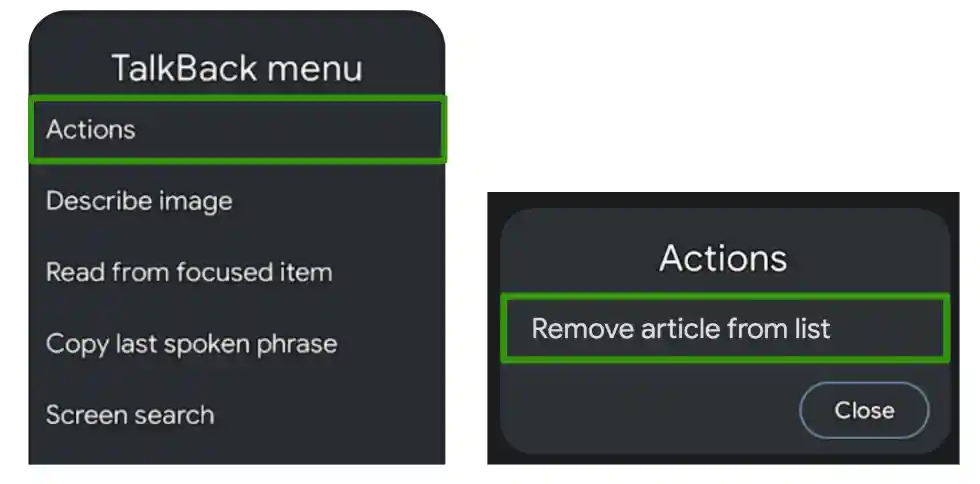 Visualization of TalkBack action menu