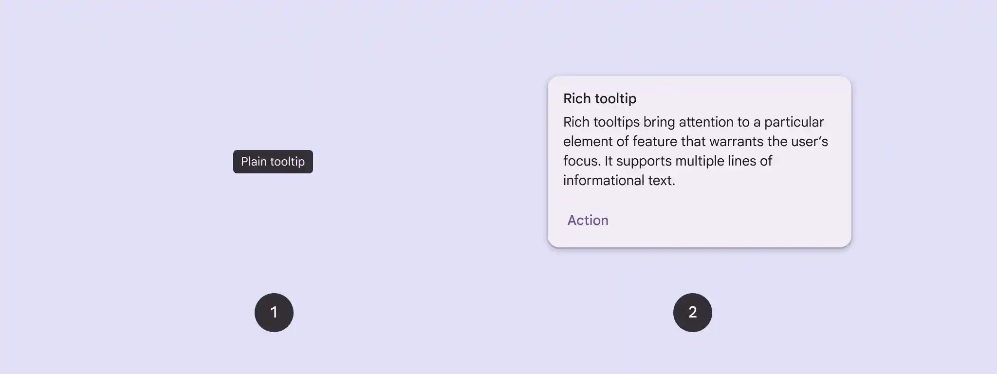 Single line plain tooltip labeled (1), and a multi-line rich tooltip with a title and information block labeled (2).