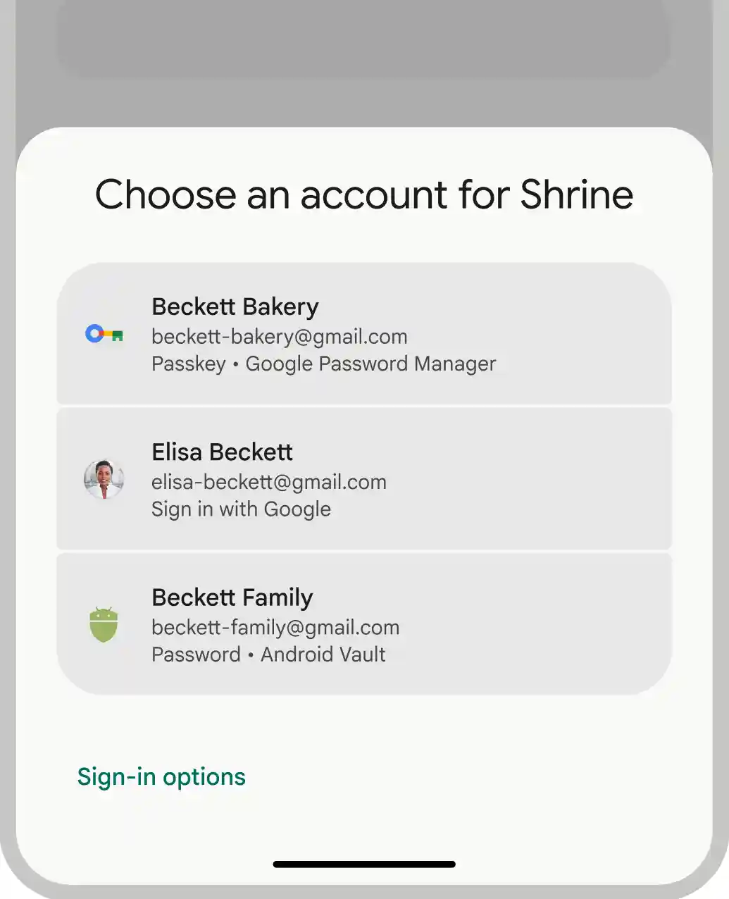 The Credential Manager user interface for passkeys, passwords, and federated sign-ins