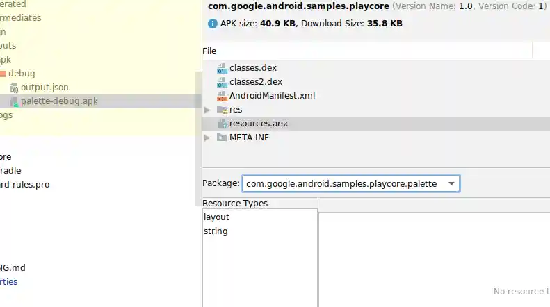 A screenshot of the APK Analyzer inspecting the contents of a compiled resource file.