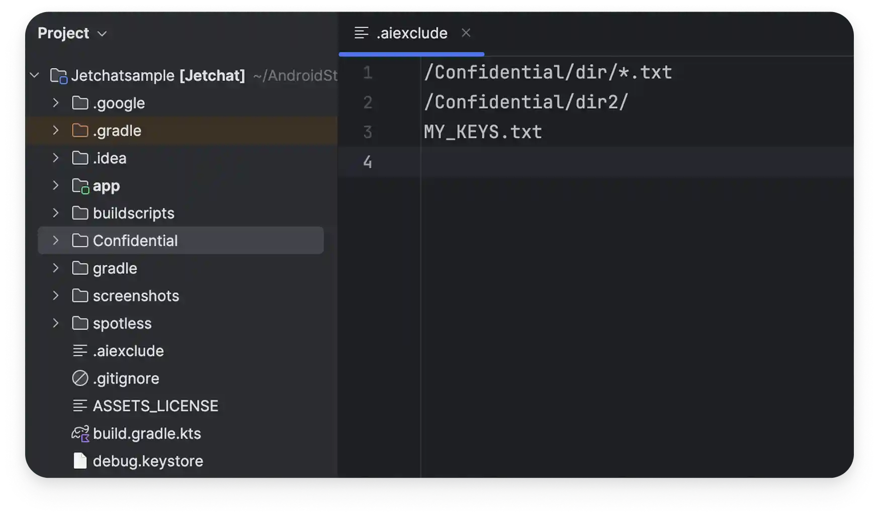 Screenshot of .aiexclude config file