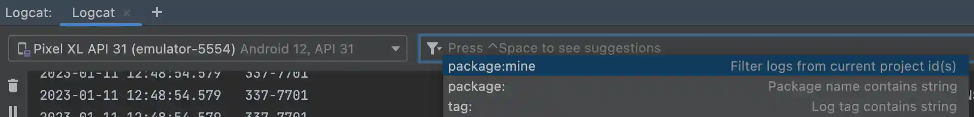 List of suggestions in the query field