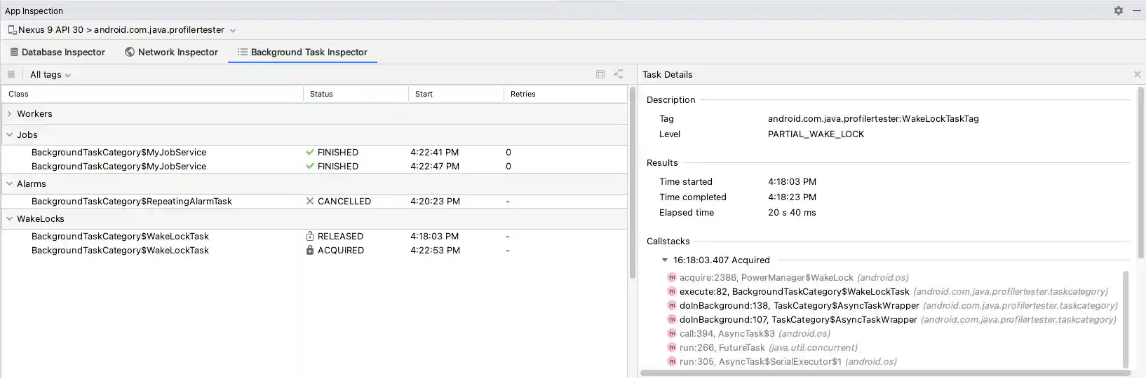 Screenshot of the Background Task Inspector window.