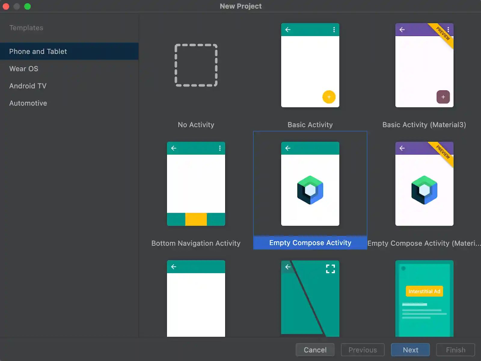 Template selection in Android Studio