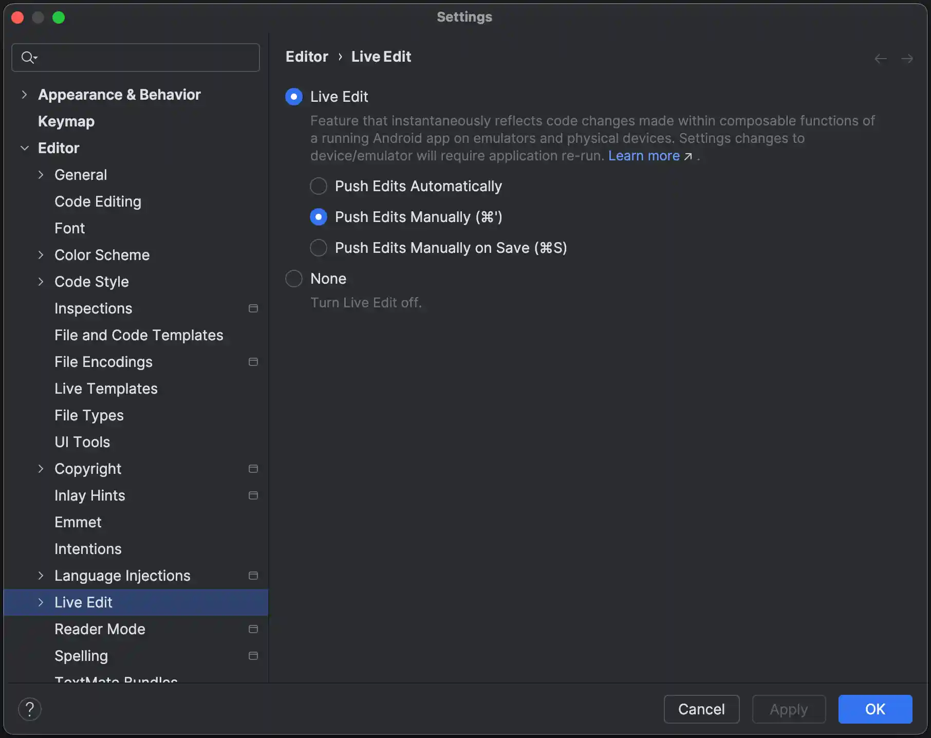 Live Edit checkbox UI in Android Studio settings