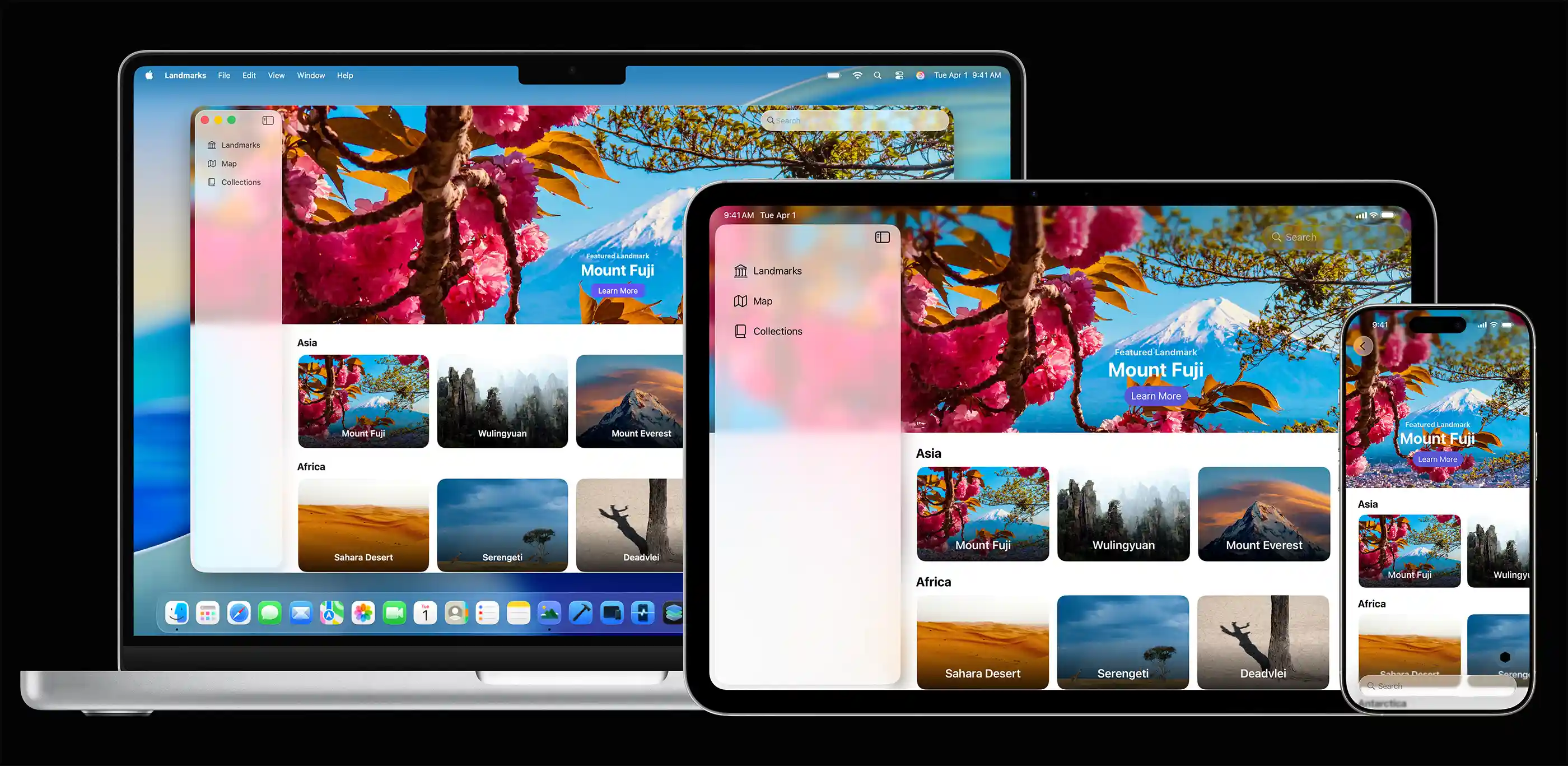 A MacBook Pro, iPad, and iPhone, each displaying the SwiftUI interface.