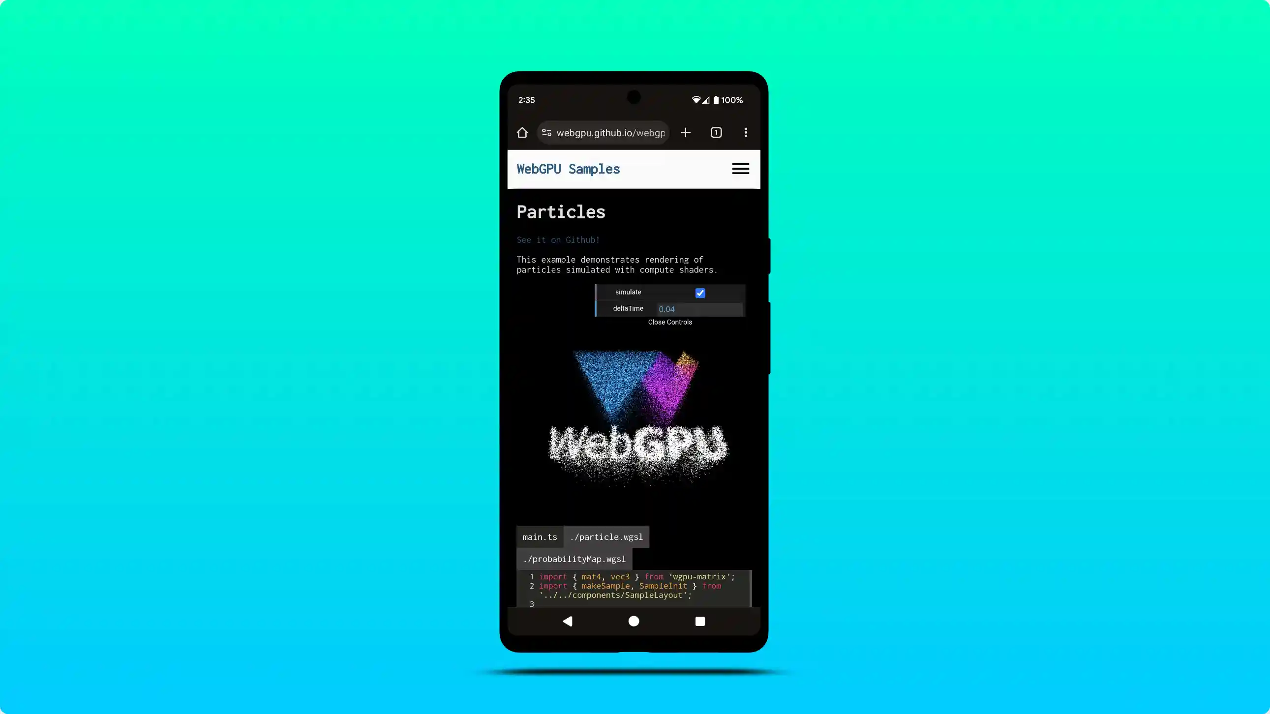 Screenshot of WebGPU sample running on Chrome for Android.