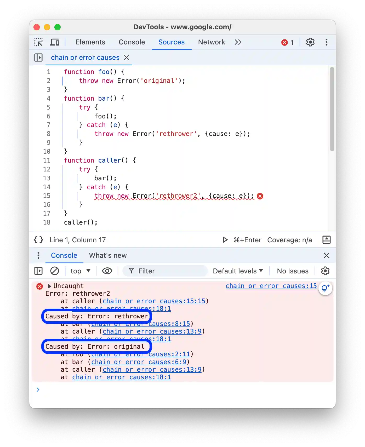 A chain of error causes prefixed with 'Caused by:' in the stack trace.