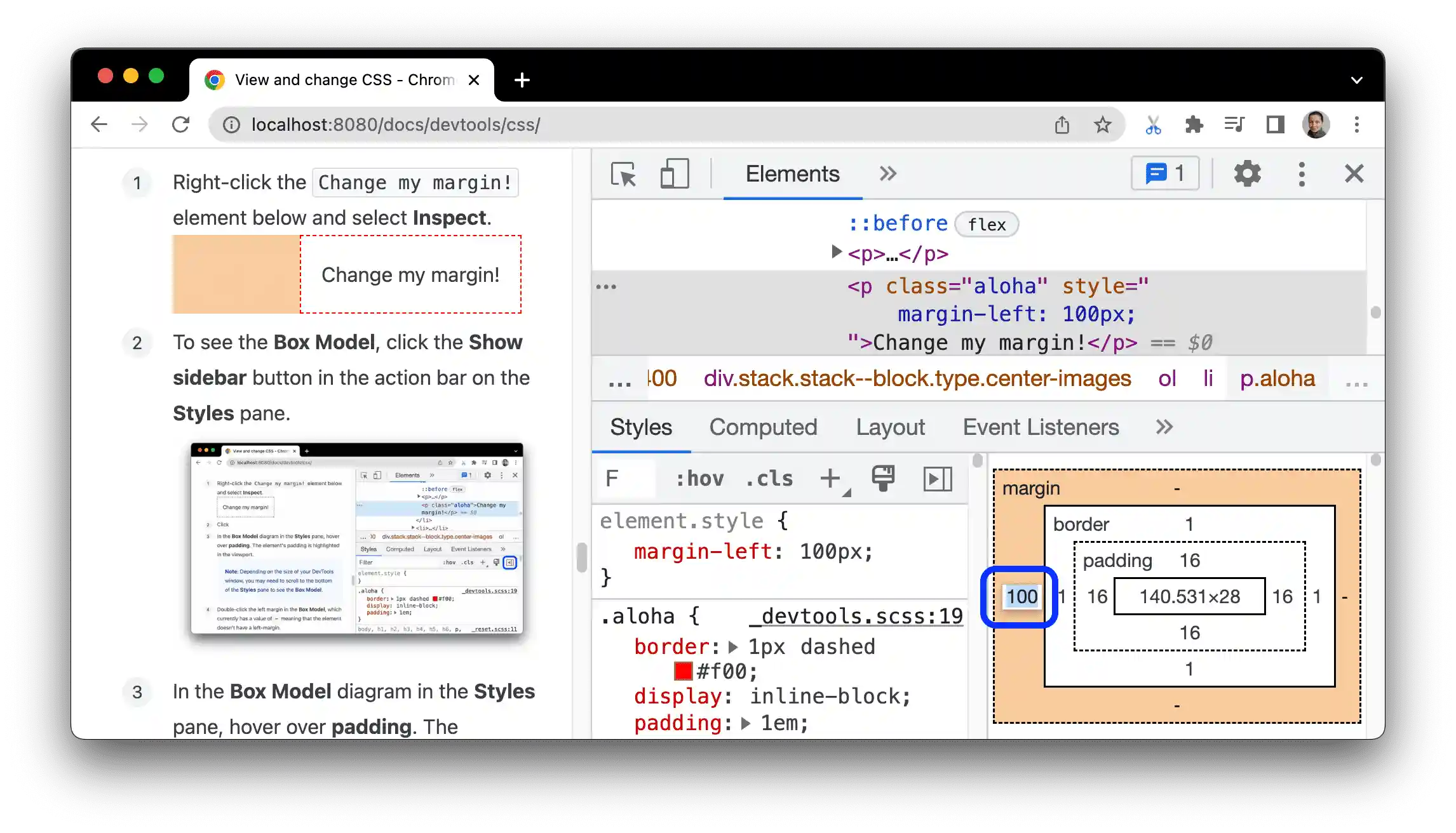 Changing the element's margin-left.