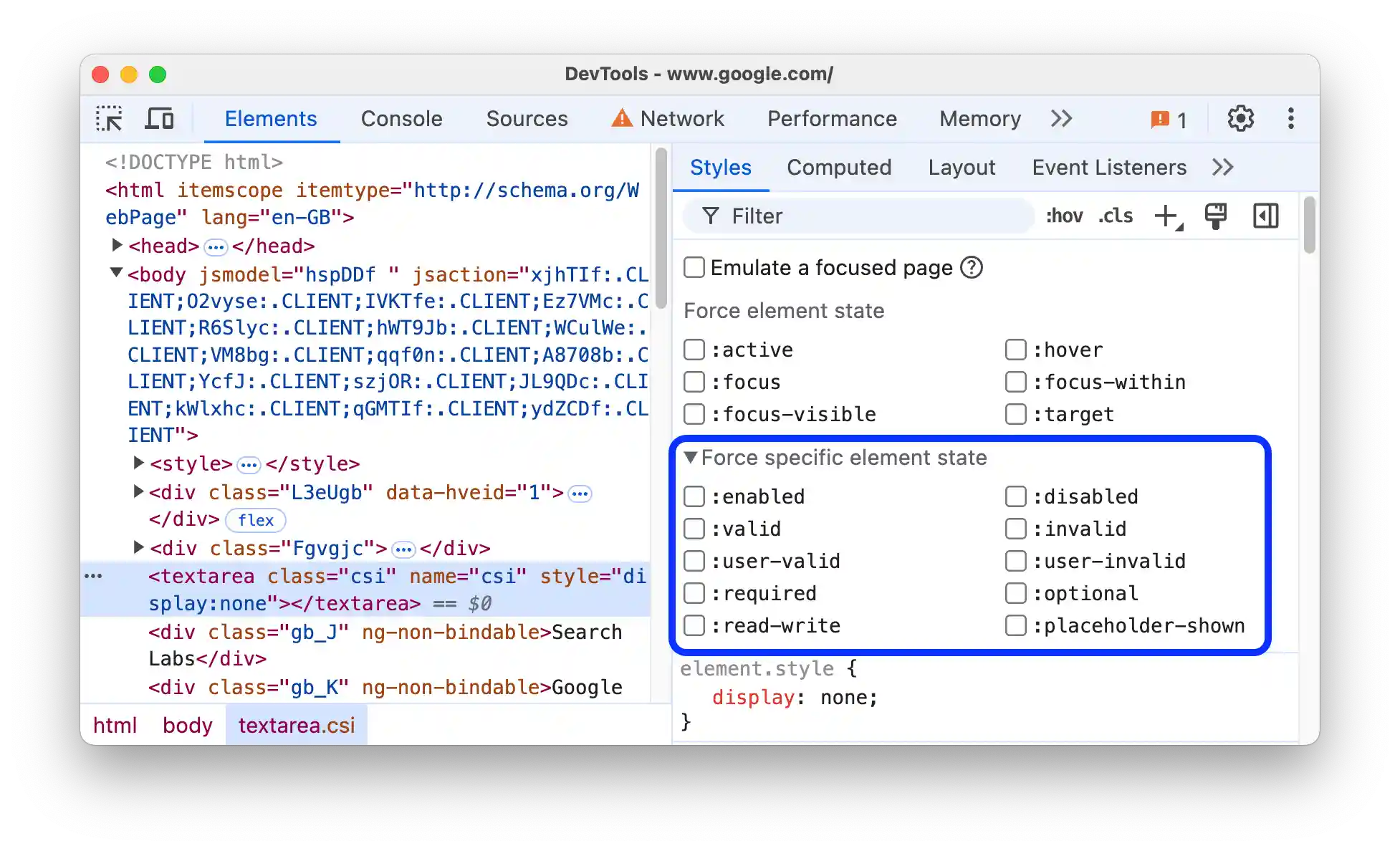 The `Force specific element state` section of a 'textarea' element.